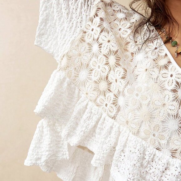 Apricot Casual Women's Vacation Lace Panel Cropped Shirt - Picture 6 of 8